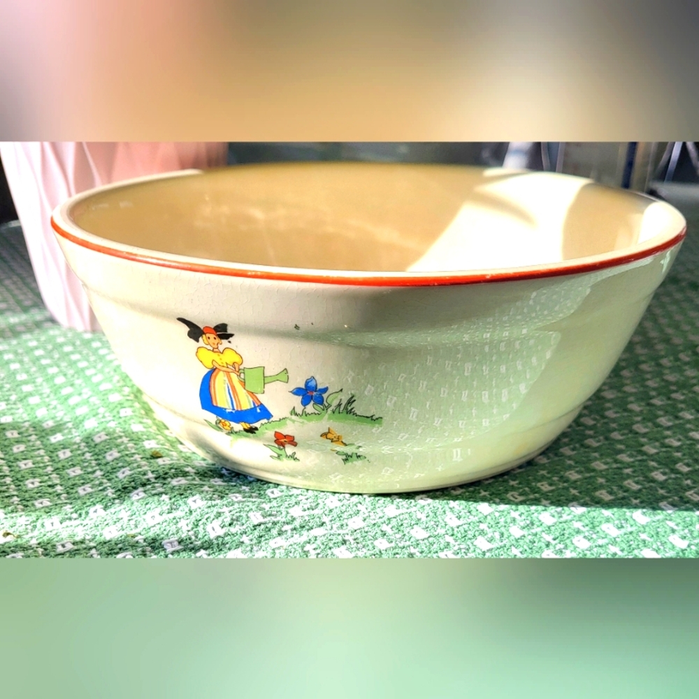 Vintage Crooksville Pottery Pantry Bak-In Ware 8" Mixing Bowl Red Rim Flowers